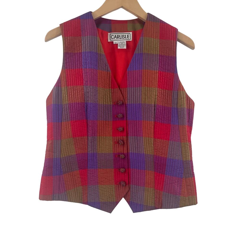 CARLISLE X VINTAGE Vest Size 10 Madras Plaid 100% Silk Chinese Knots Festival